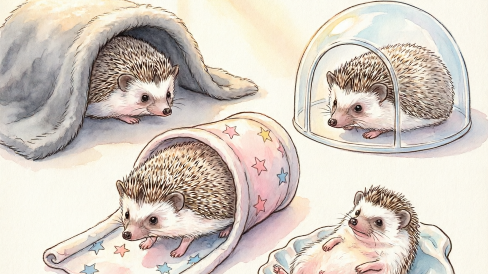 Four African Pygmy hedgehogs next to their ideal hideout types: shy hedgehog in fleece cave, active hedgehog in tunnel, senior hedgehog near igloo, and hedgehog on ceramic house — hand-drawn watercolor illustration