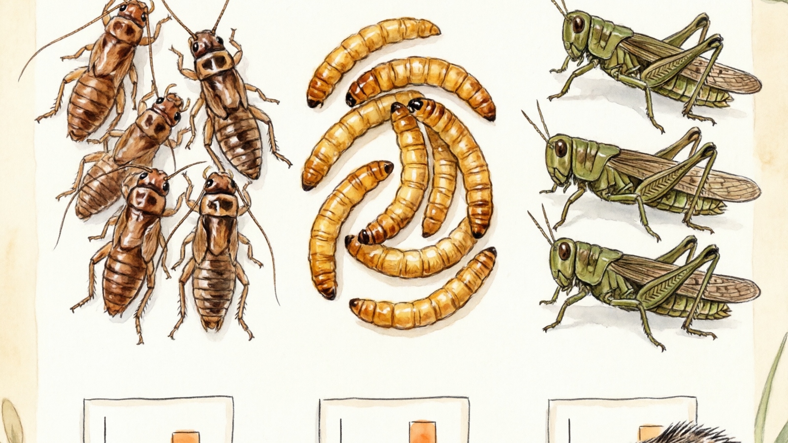 Hand-drawn watercolor comparison of three freeze-dried insects: crickets, mealworms, and grasshoppers