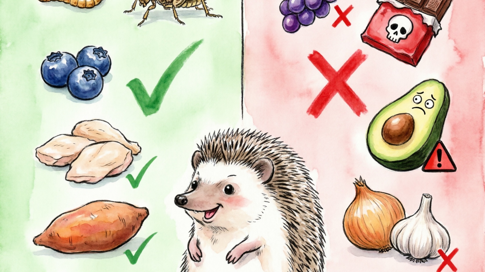 Hand-drawn watercolor split illustration of safe vs toxic hedgehog treats