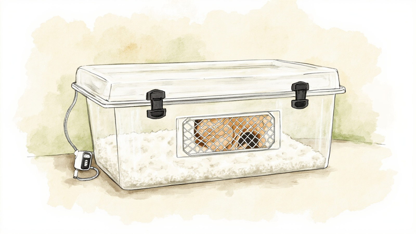 DIY hedgehog bin-cage lid with a cut mesh window, latches, and a probe thermometer