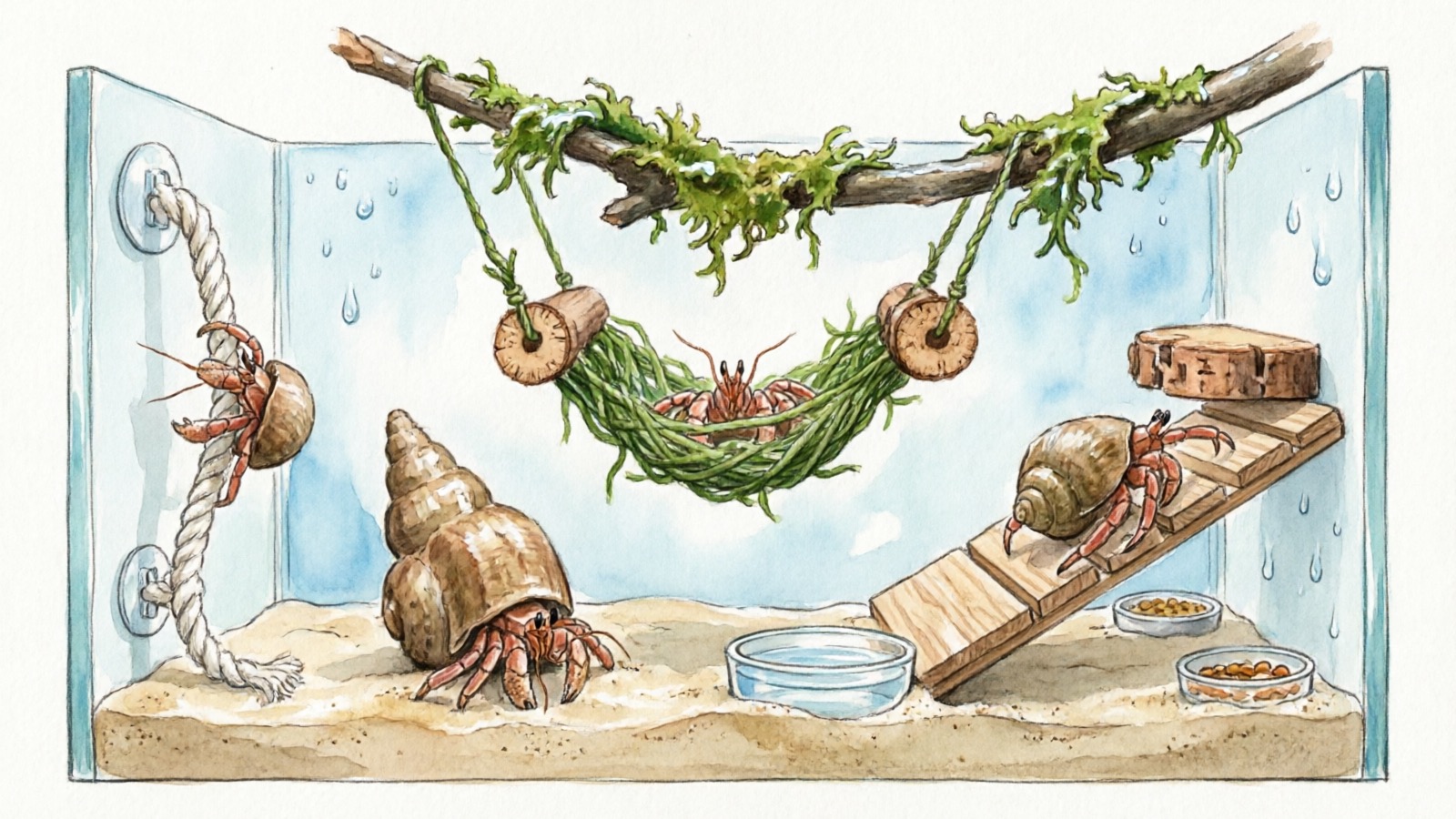 Hermit crab tank layout with climbing structures