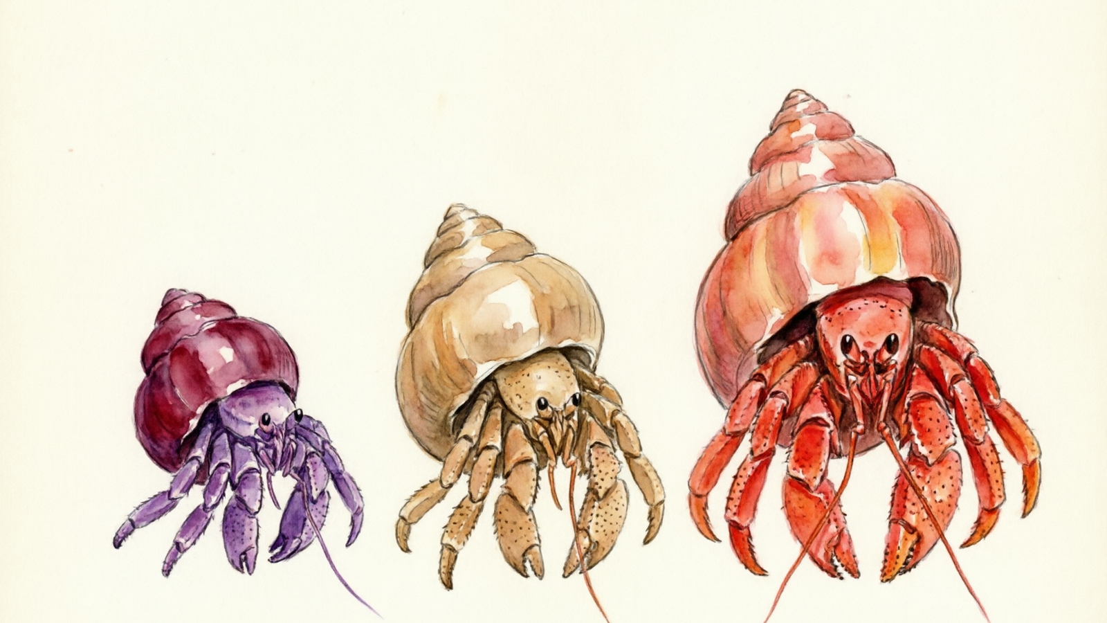 Hermit crab species size comparison with shell sizing chart
