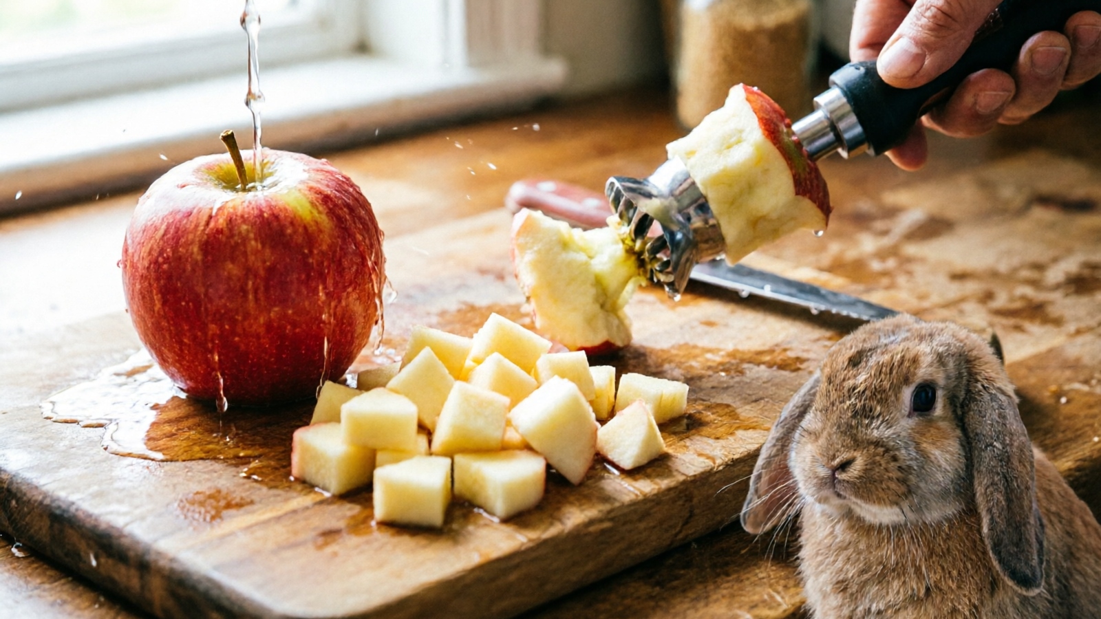Apple preparation steps for rabbits: washing, coring, and chopping