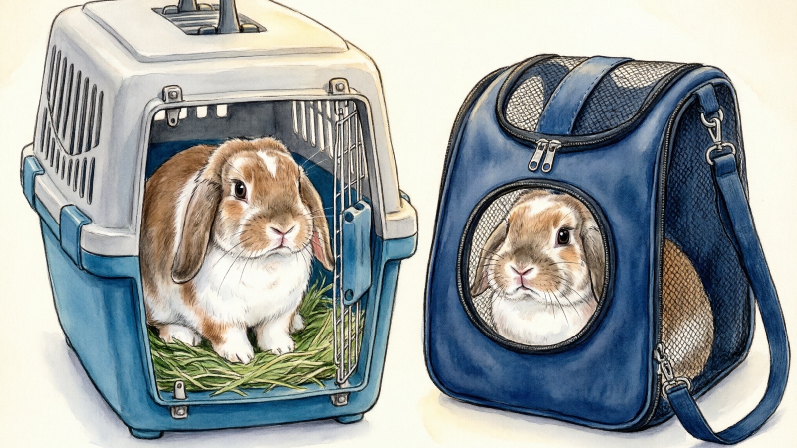 Hand-drawn watercolor illustration comparing a hard-sided gray plastic carrier and a soft-sided navy blue mesh carrier side by side, each with a rabbit inside, labeled with pros and cons
