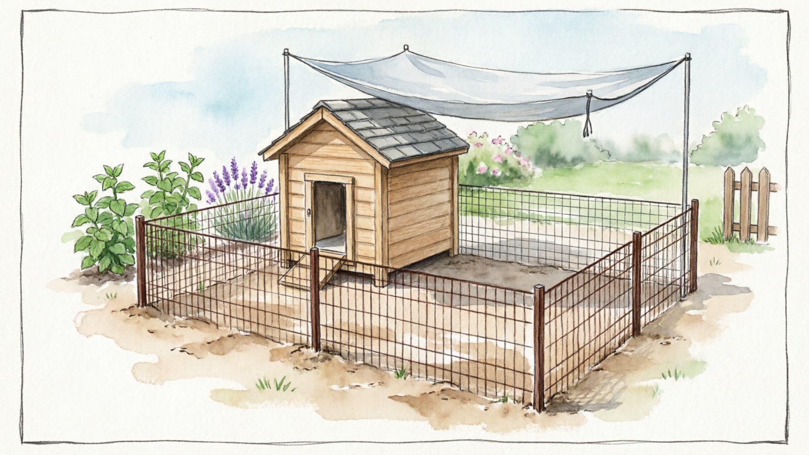 Outdoor hutch setup in a backyard with predator-proof wire