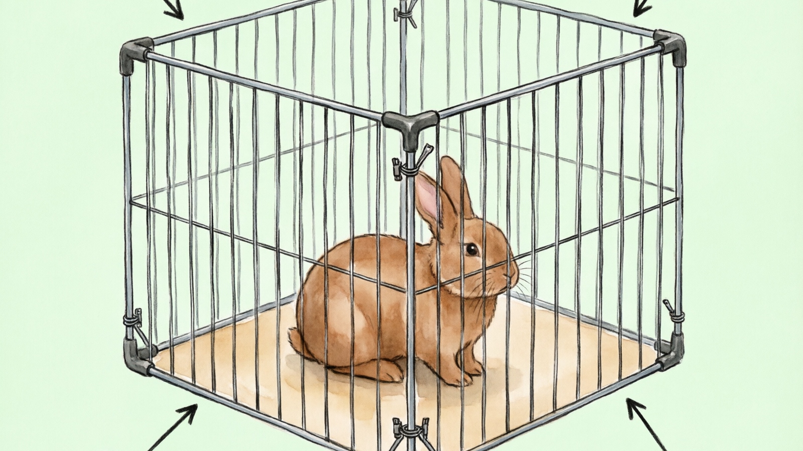 Hand-drawn watercolor illustration of rabbit playpen safety inspection with annotated callout labels