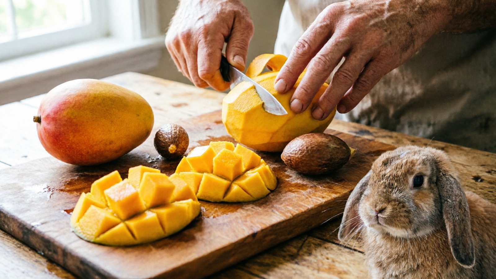 Mango preparation steps for rabbits: peeling, cutting, and safe portioning