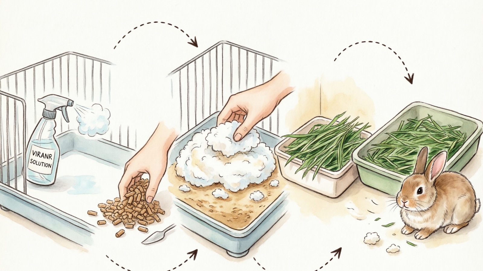 Hand-drawn watercolor 5-step guide showing how to set up rabbit bedding from cleaning to finished cage