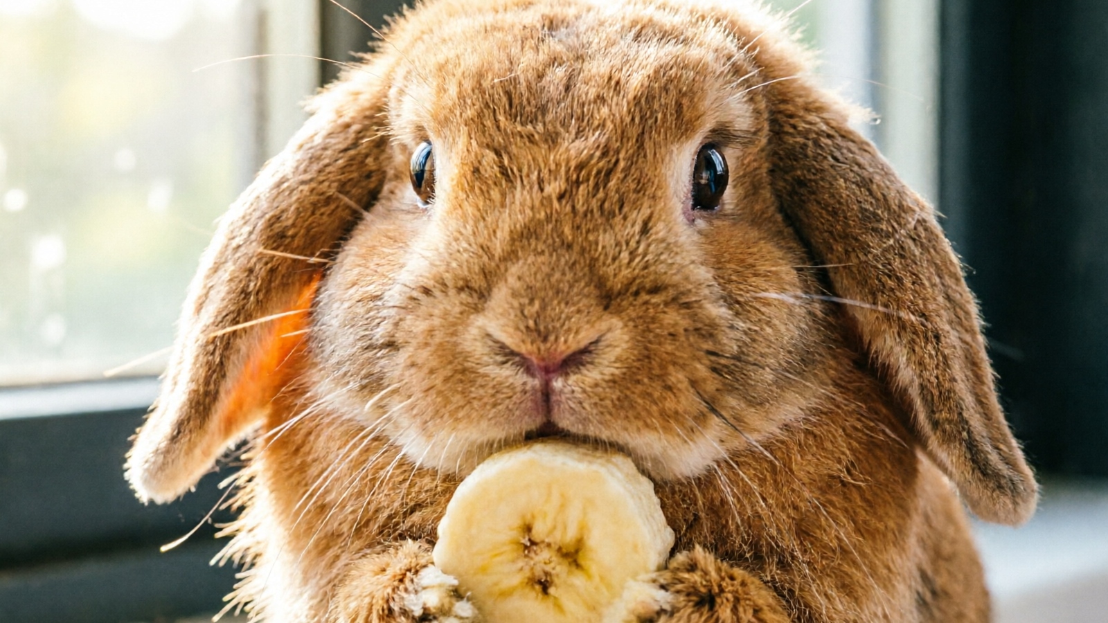 Rabbit eating banana slice