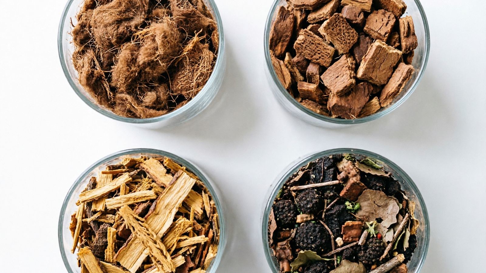 Overhead flat lay photograph of four identical clear glass containers each filled with a different reptile substrate type arranged in a grid on a white background, top left contains fine brown coconut fiber coir, top right contains chunky coconut husk chips, bottom left contains shredded cypress mulch, bottom right contains a bioactive mix with dark soil leaf litter and small wood pieces, each container labeled with substrate name, clean studio lighting, educational comparison style