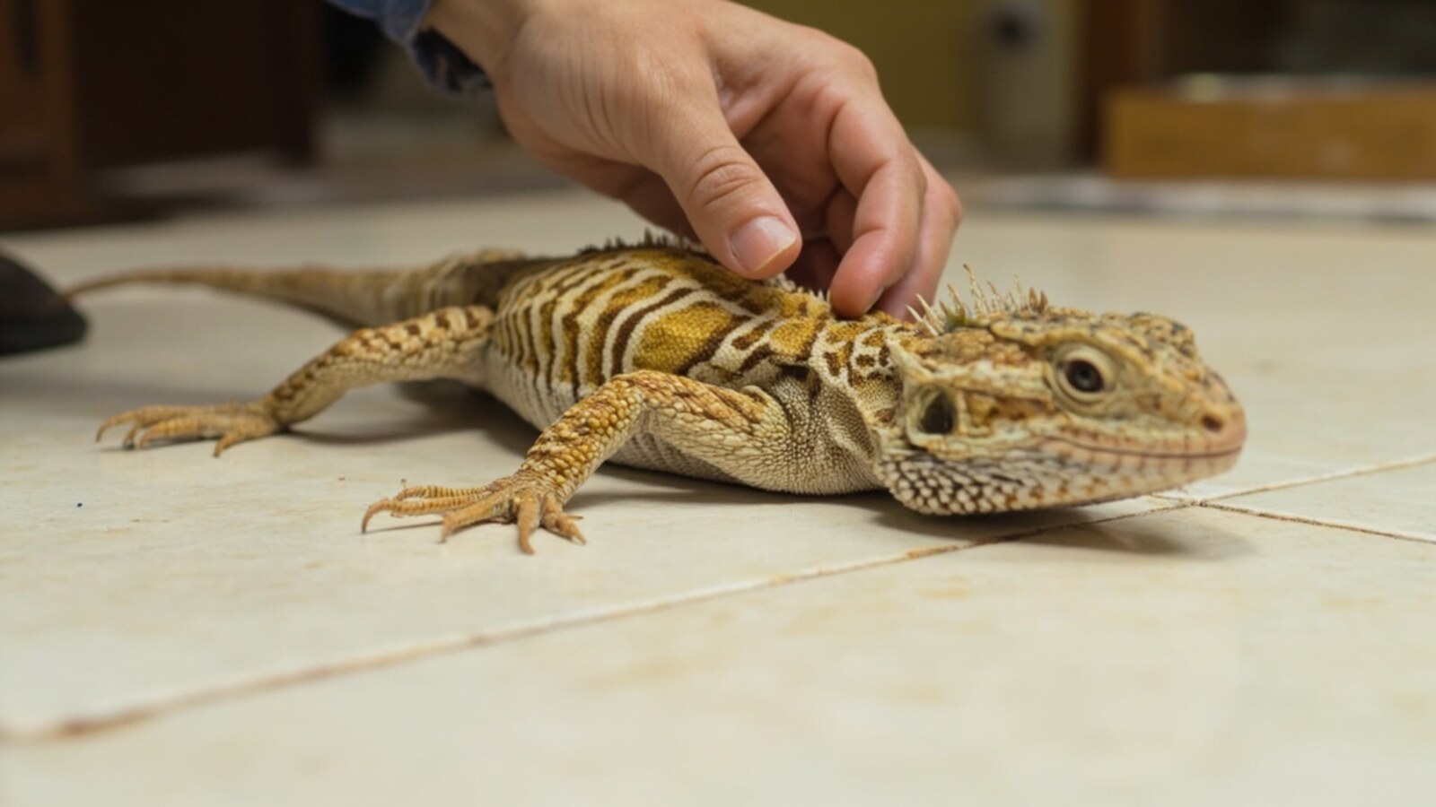 A bearded dragon resting on a tiled floor while a person rests a hand on its back