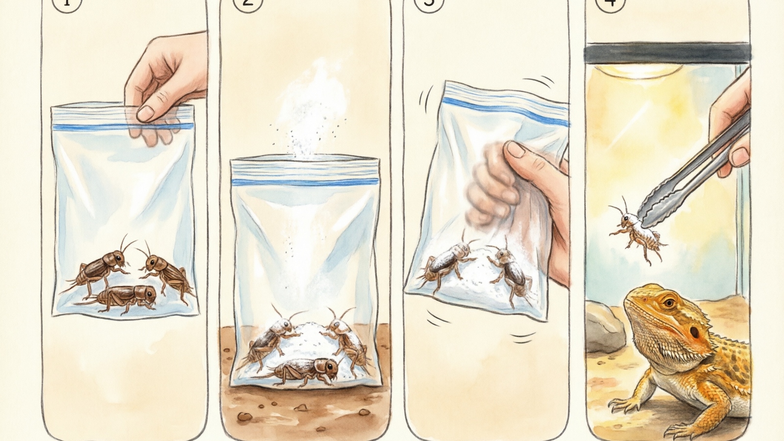 Step-by-step infographic showing the shake-and-bake calcium dusting method for bearded dragon feeder insects. Four numbered panels arranged horizontally. Panel 1: Clear plastic bag with brown crickets inside, hand holding bag open. Panel 2: White calcium powder being sprinkled into bag, small pinch amount visible. Panel 3: Bag being shaken gently, crickets visible through plastic with light white coating. Panel 4: Hand using feeding tongs to offer a white-dusted cricket to a golden bearded dragon inside a terrarium. Each panel has a numbered circle in top corner. Clean sans-serif labels below each panel. Warm earth-tone palette with sandy browns and soft whites. Hand-drawn watercolor illustration style, simple and clear for beginners.