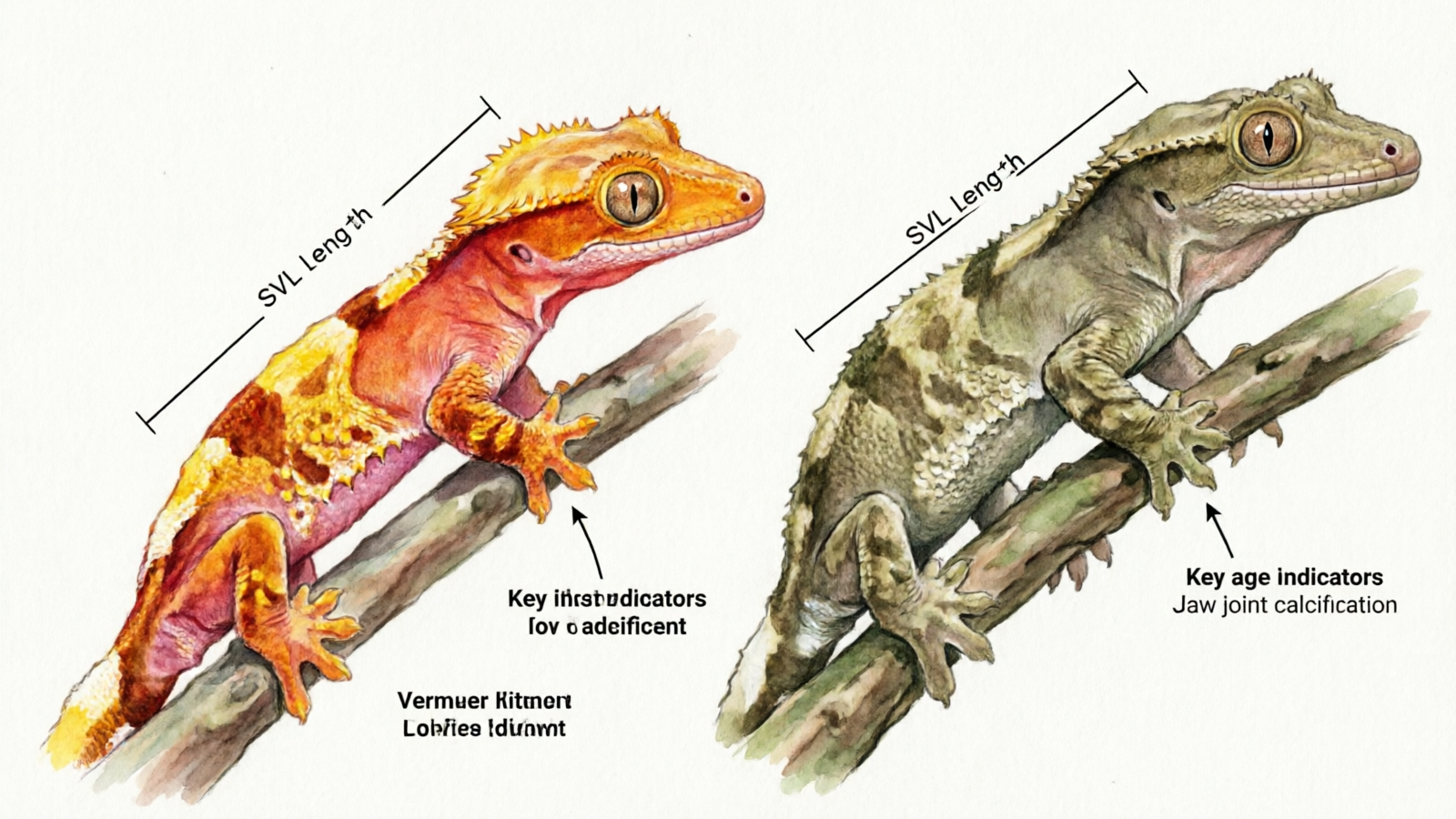 Juvenile vs senior crested gecko comparison showing color and age indicators
