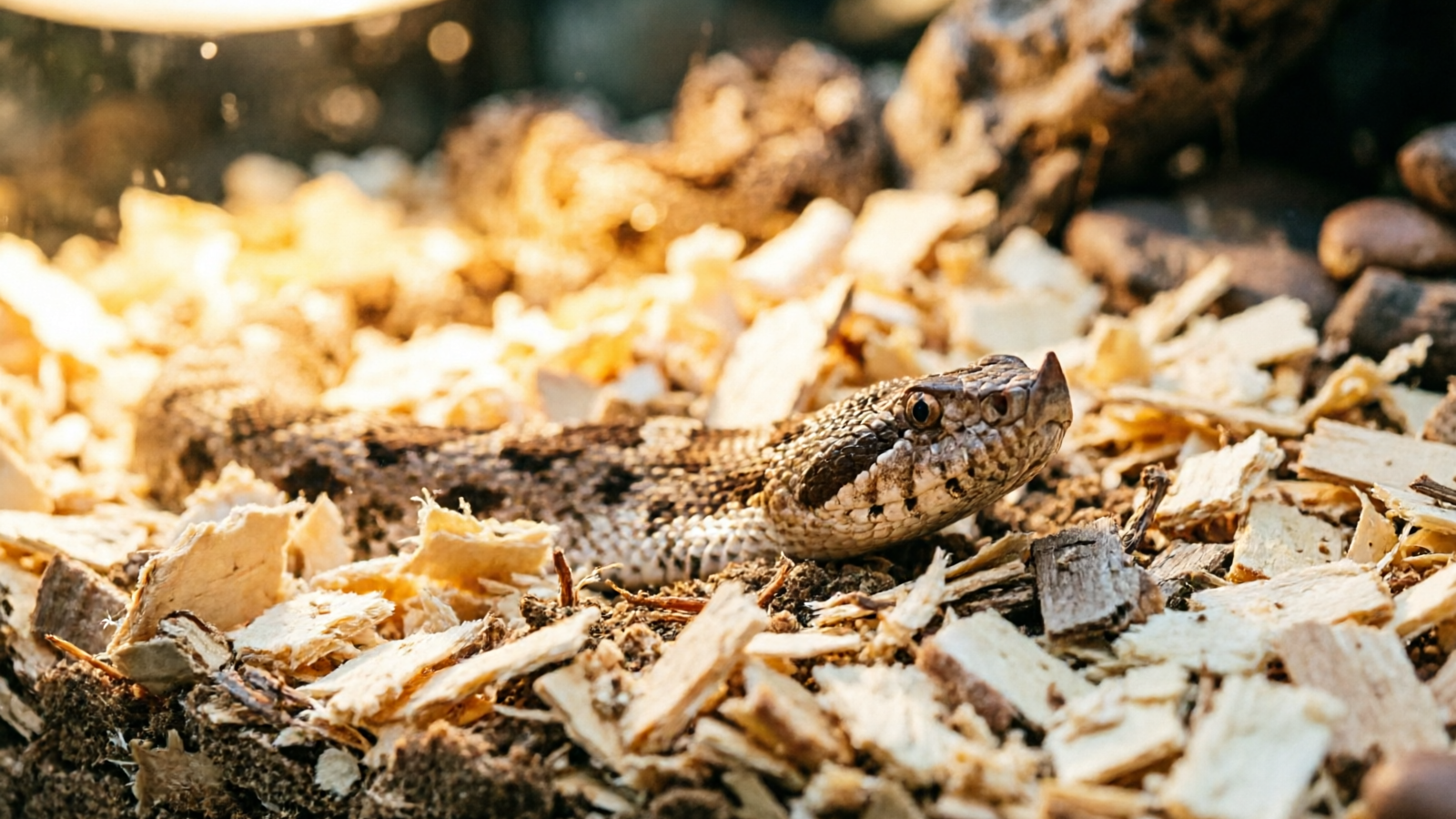 Western hognose snake burrowing in naturalistic terrarium with loose aspen substrate