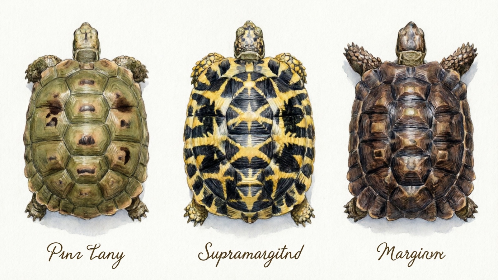 Side-by-side comparison of three beginner tortoises: Russian, Hermann's, and Marginated