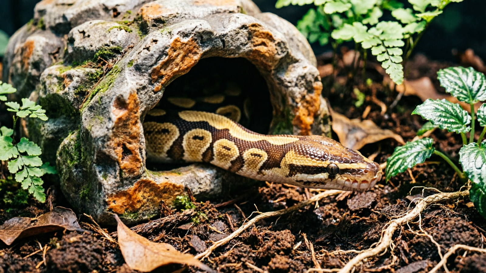 Eye-level photograph of a ball python's head emerging from the dark entrance of a naturalistic brown polyresin rock hide inside a lush bioactive terrarium, green pothos plants and cork bark surround the hide, warm diffused lighting, the snake's golden brown scales visible in sharp detail, shallow depth of field with blurred tropical foliage background, reptile magazine editorial style