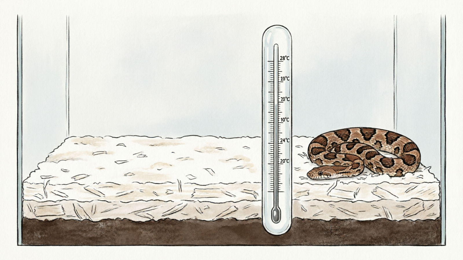 Educational diagram showing substrate depth guide for corn snakes at four life stages, four side-view cross-sections of a glass terrarium arranged horizontally each with increasing substrate depth, leftmost shows small hatchling snake silhouette with 1-2 inches of light tan aspen labeled Hatchling, second shows medium juvenile with 2-3 inches labeled Juvenile, third shows large adult snake partially buried with 3-4 inches labeled Adult, fourth shows large enclosure with 4 inches of dark bioactive soil with isopods labeled Bioactive, heat mat zone in red on warm side, clean infographic style with labeled measurements in sans-serif font, soft earth-tone color palette