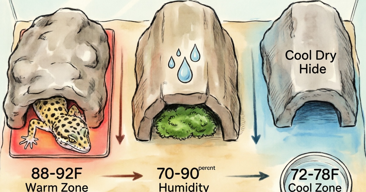 Top-down diagram illustration of a leopard gecko enclosure layout showing proper 3-hide placement with warm hide over red heat mat zone labeled 88-92°F on the left, cool hide in blue 72-78°F zone on the right, and humid hide with green moss icon and water droplets labeled 70-90% humidity in the center, temperature gradient arrows flowing left to right, water bowl in the cool zone, light tan substrate layer across the bottom, clean educational infographic style with labeled zones and temperature readings in soft earth-tone color palette