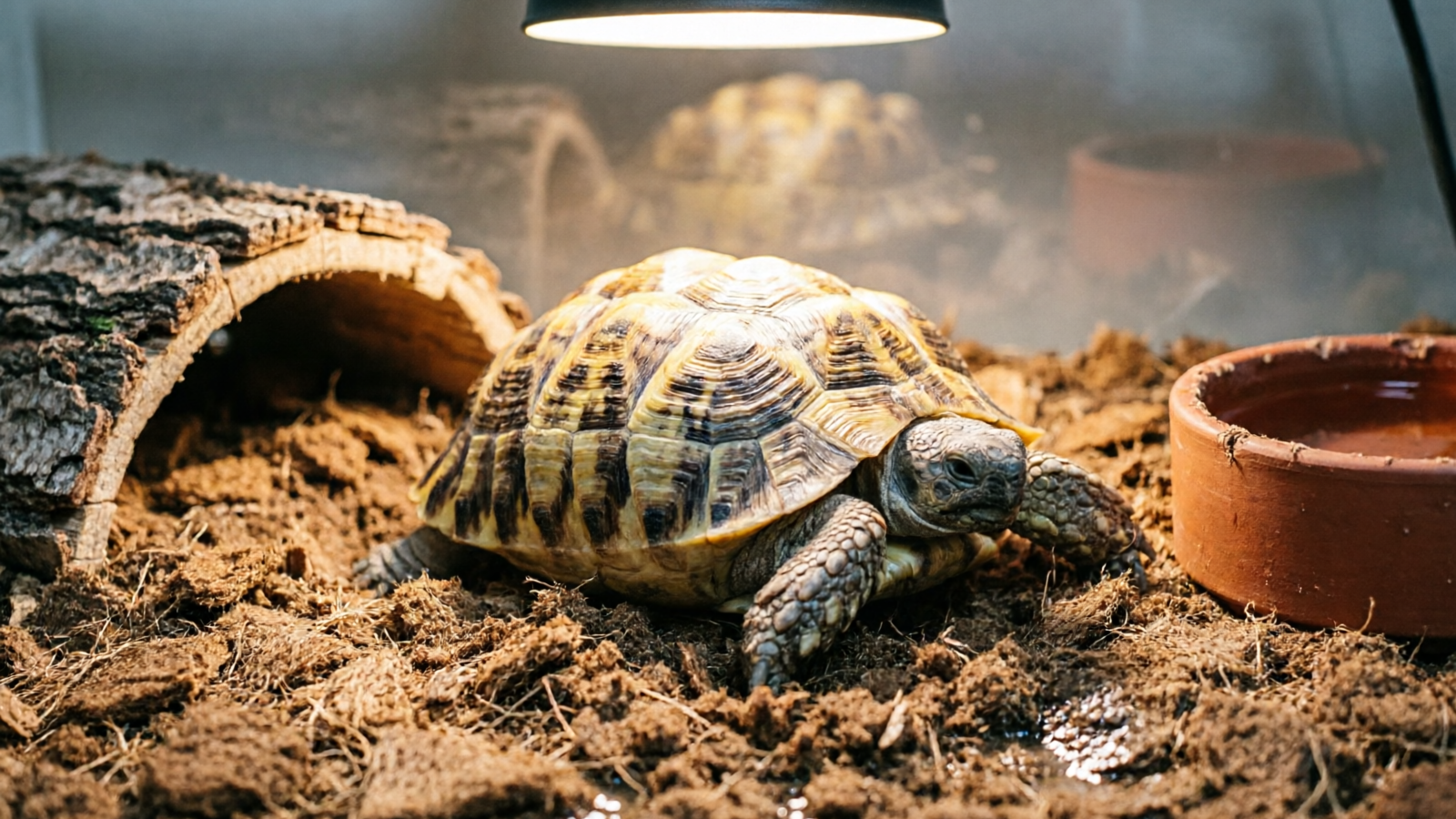 Russian tortoise burrowing in dry coco coir substrate