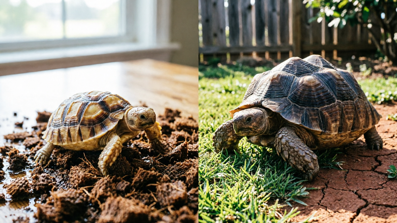 Sulcata tortoise hatchling on indoor coco coir vs adult in outdoor yard